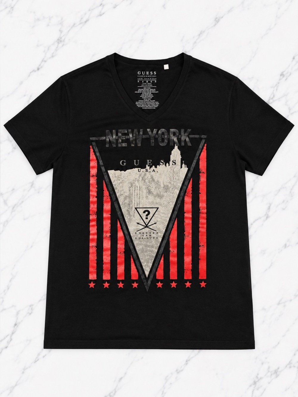 GUESS Black Short Sleeve V-Neck Tee with Red Graphic